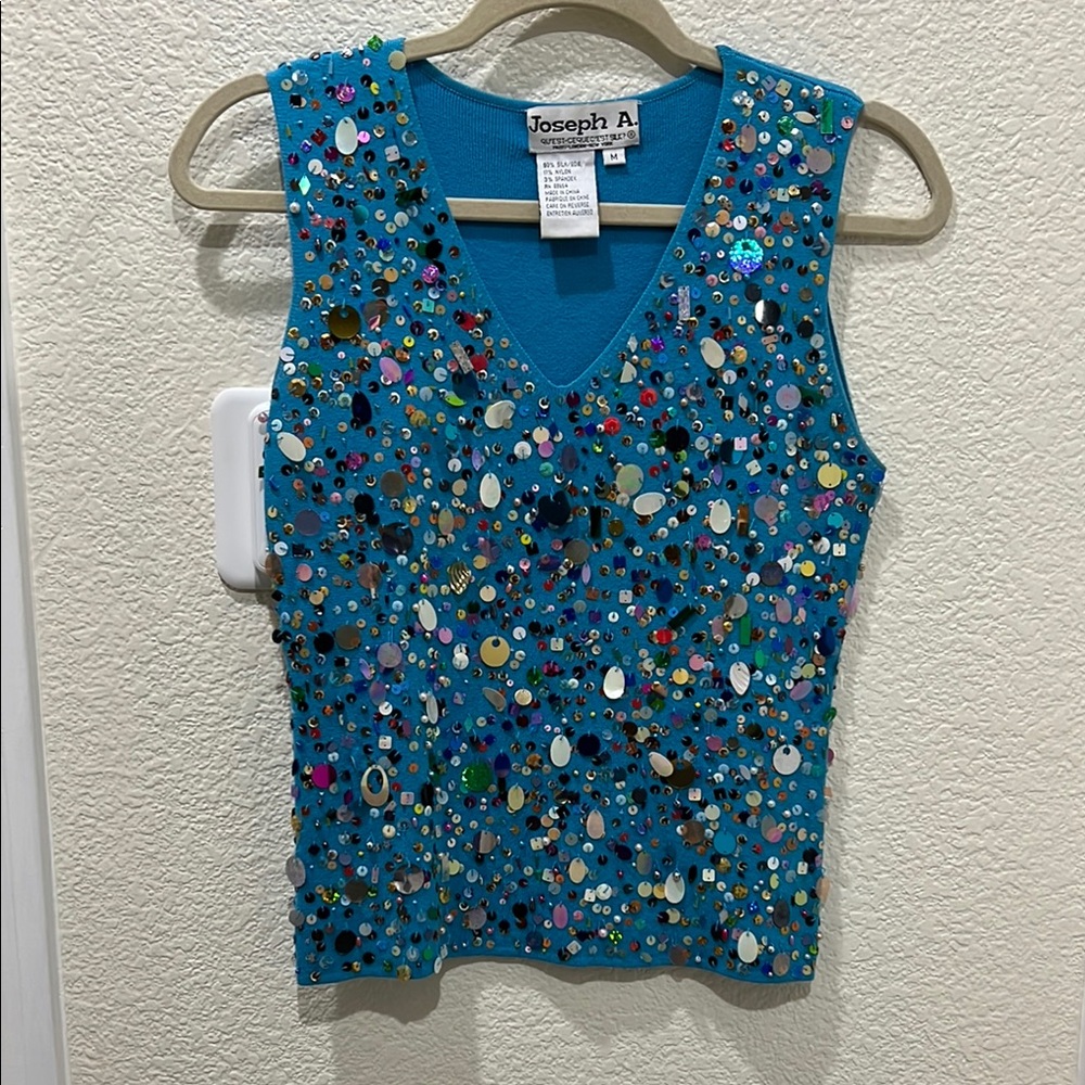 Joseph A. Vintage Silk Aqua V-Neck Top Covered w/ All Shapes/Colors Unique Bling